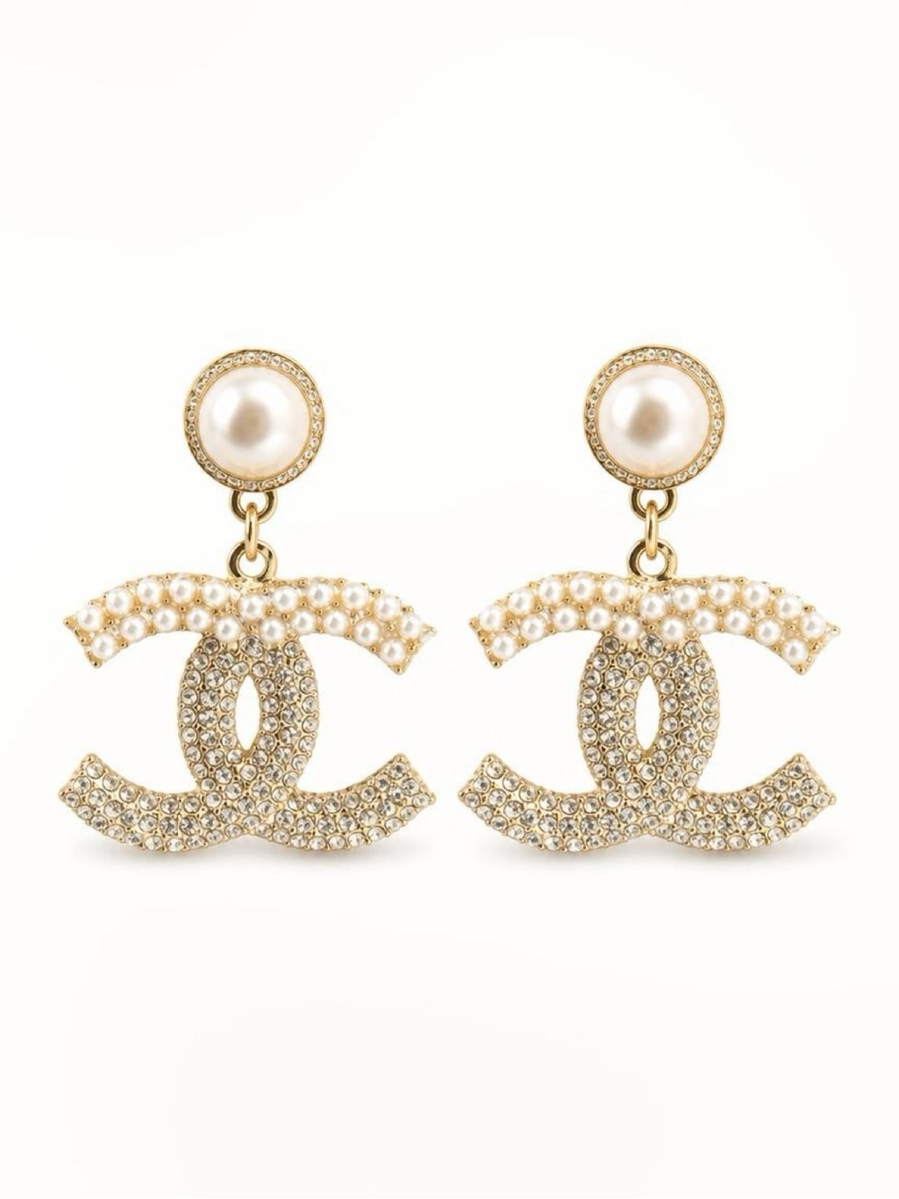 Beautiful Gold-tone Pearl & Crystal Rhinestone CC Drop Earrings